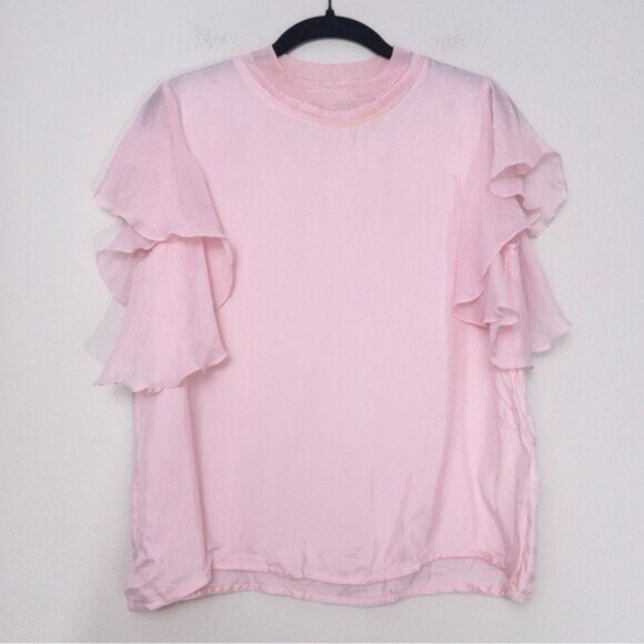 Sandro Ruffle Flutter Sleeve Blouse Top M Pink Cupro Lightweight Crewneck - Picture 3 of 11